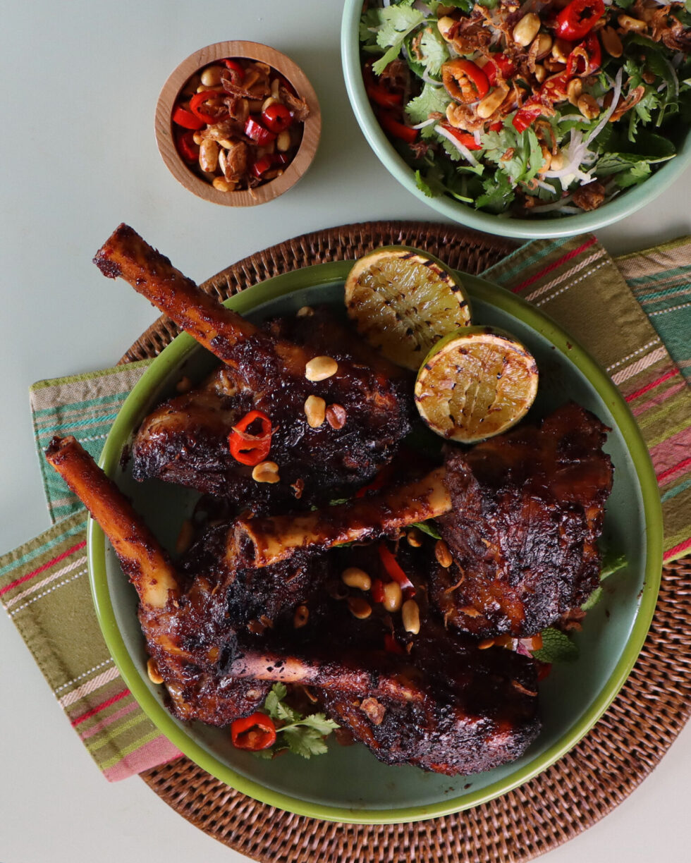Get ready to savour the deliciousness! BBQ lamb shanks topped with chilli mix and coriander. Served with grilled lime cheeks, BBQ sauce and salad on the side.