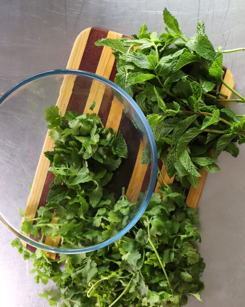 Vibrant green coriander and mint both in a glass bowl and on a striped wooden cutting board.