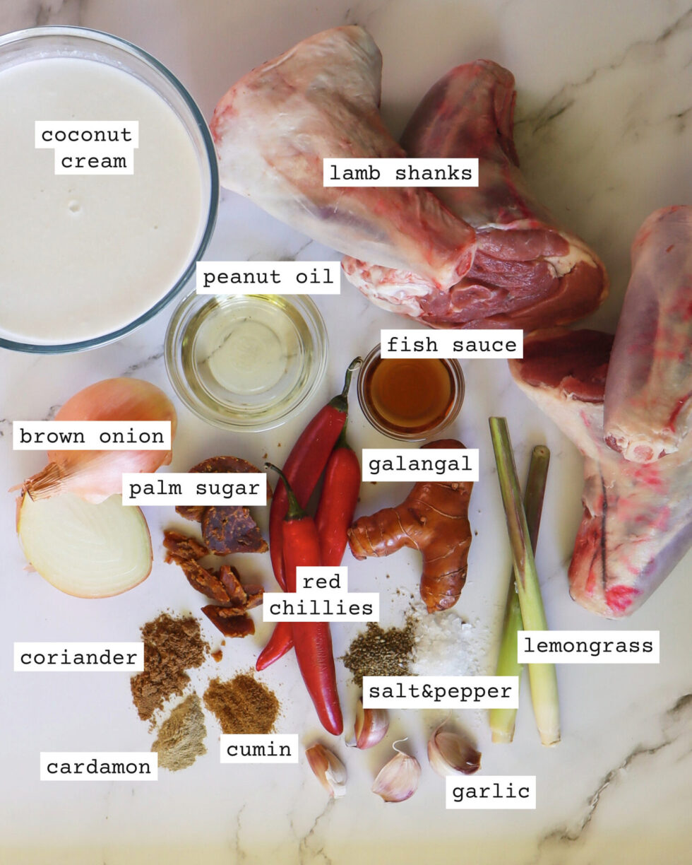 Assorted Thai ingredients, adding a pop of colour to a marbled surface for these massaman curry lamb shanks.