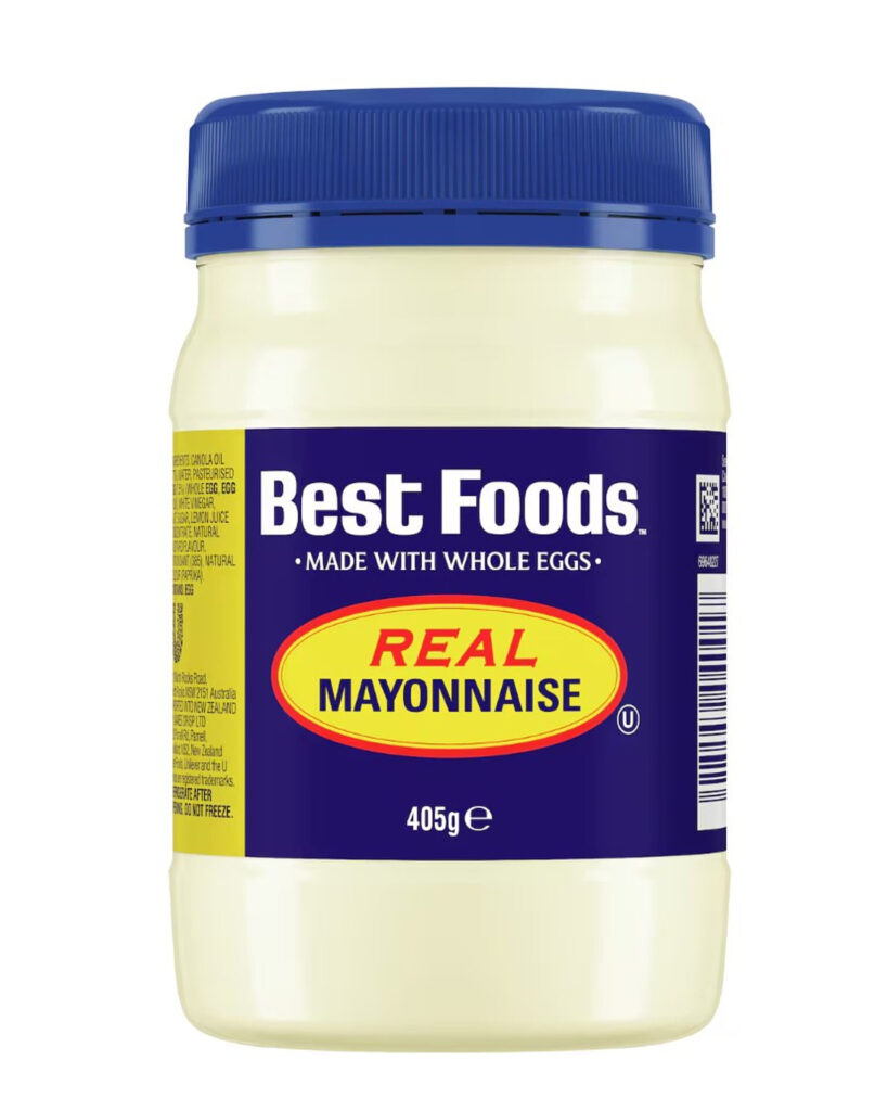 A 405g jar of Best Foods real mayonnaise made with whole eggs.