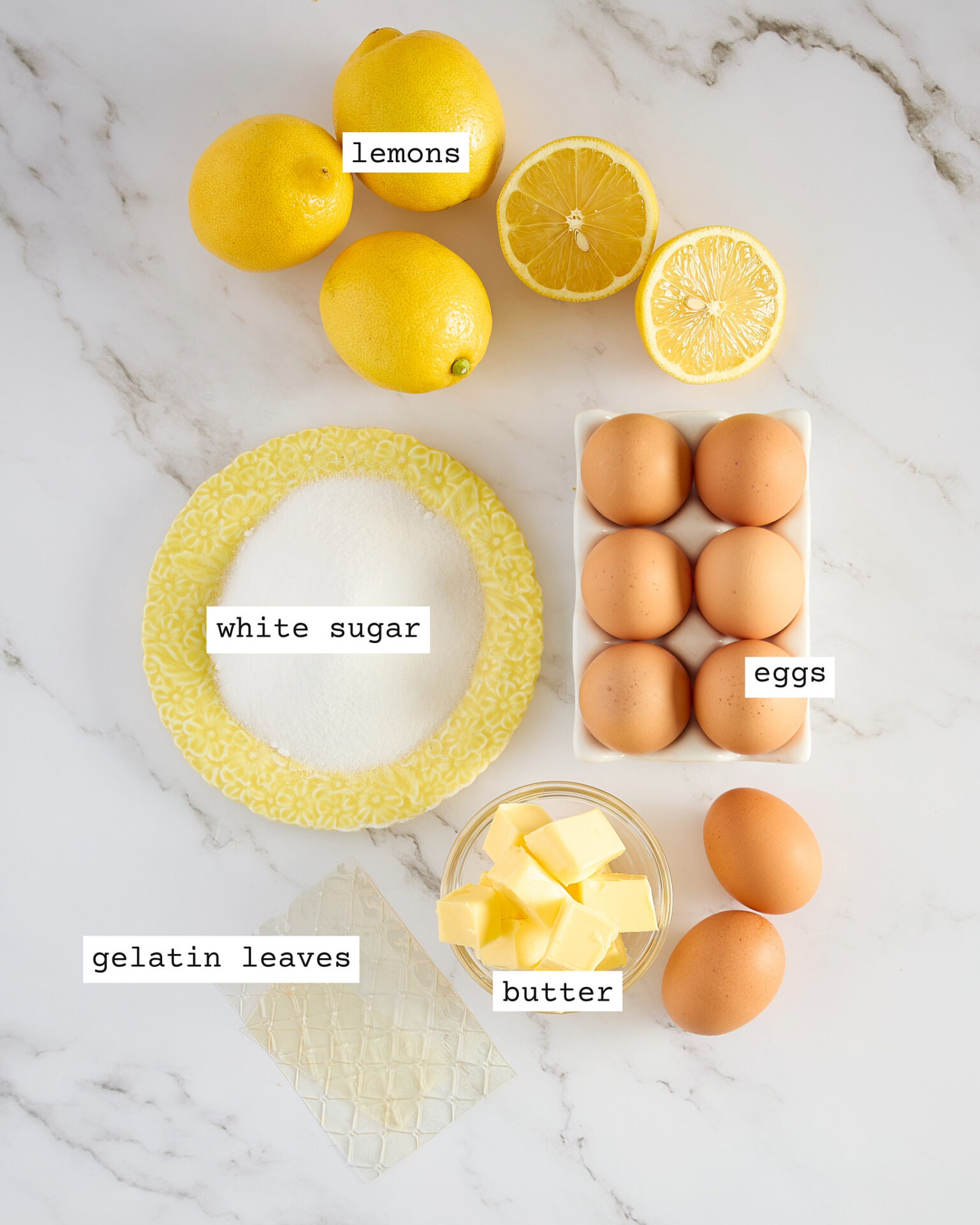 Labelled ingredients for easy blender lemon curd.