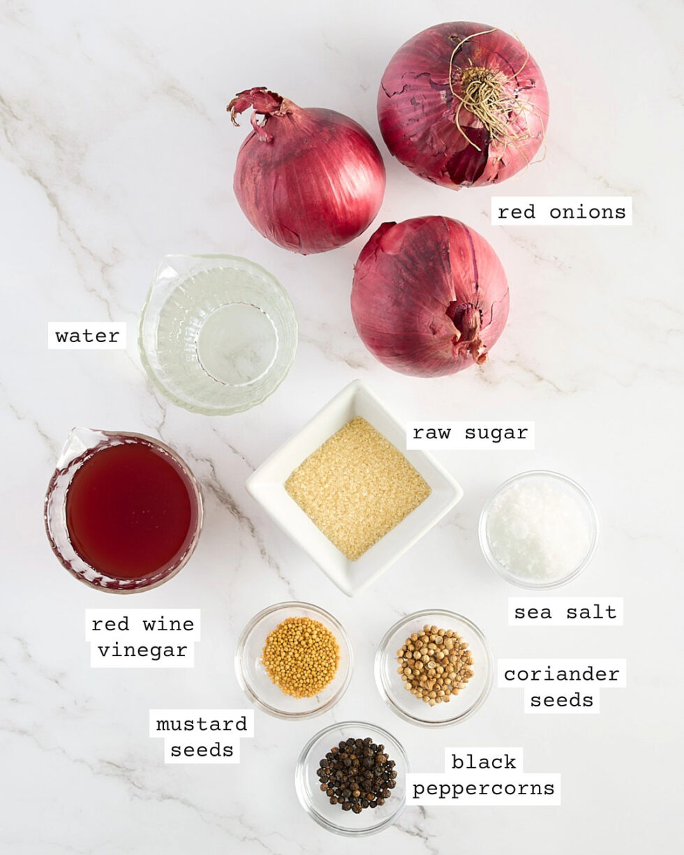 Labelled ingredients for quick red onion pickle.
