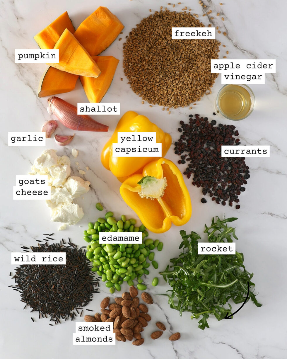Labelled ingredients for kitchen sink pumpkin salad.