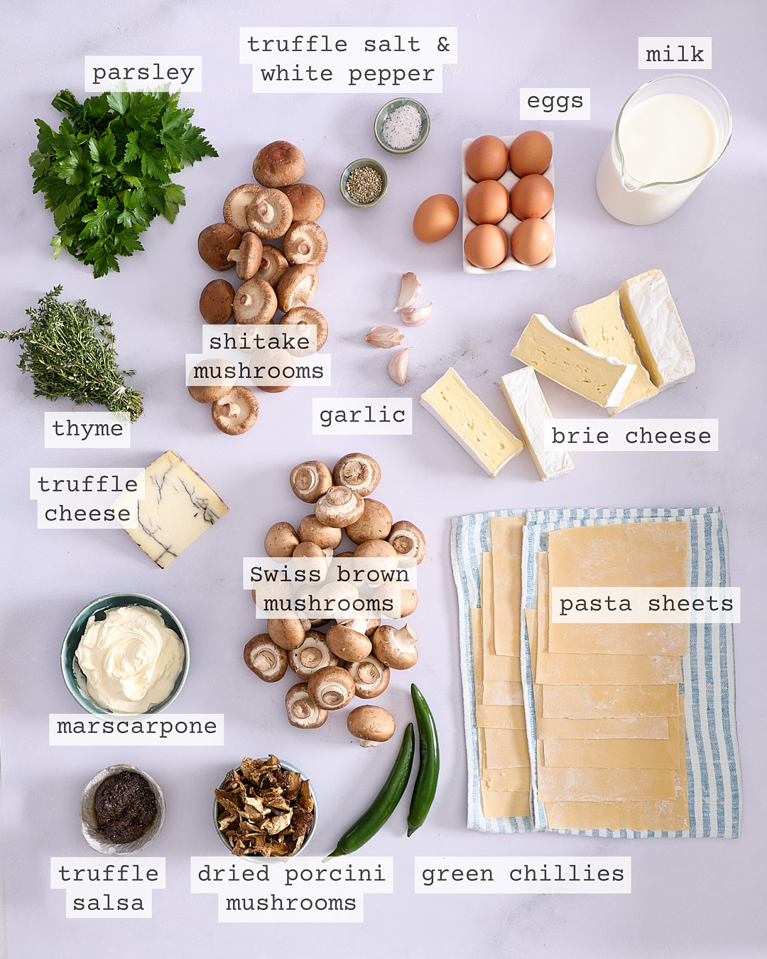 Homemade truffled mushroom cannelloni ingredients.