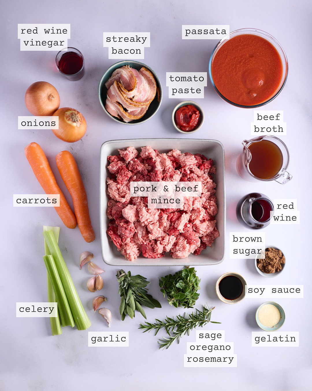 Homemade bolognese sauce ingredients.