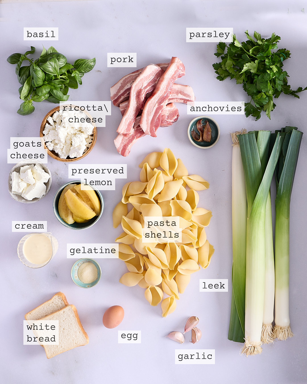 Pork and leek stuffed pasta shell ingredients.