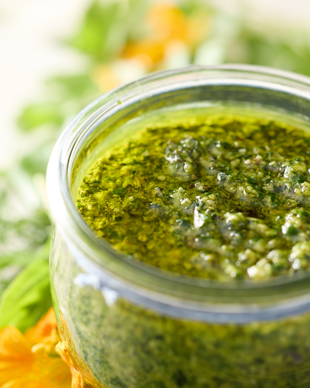 Close-up of a jar of mixed herb walnut pesto topped with olive oil on a light bench, with soft-focus fresh herbs in the background.
