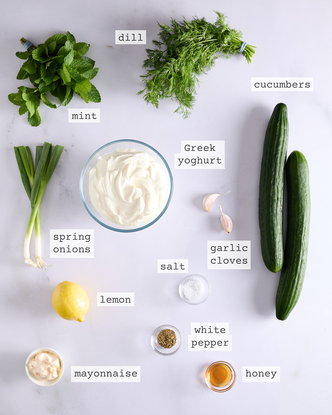 Flat lay of labelled tzatziki ingredients on a pale bench: Greek yoghurt in a glass bowl, two cucumbers, fresh mint, fresh dill, spring onions, lemon, garlic cloves, sea salt, white pepper, mayonnaise, and honey.