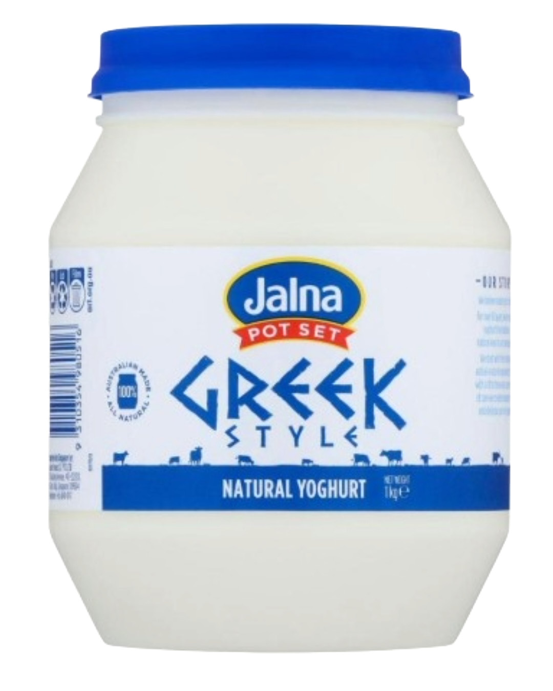 1kg tub of Jalna pot set Greek style natural yoghurt with a blue lid.