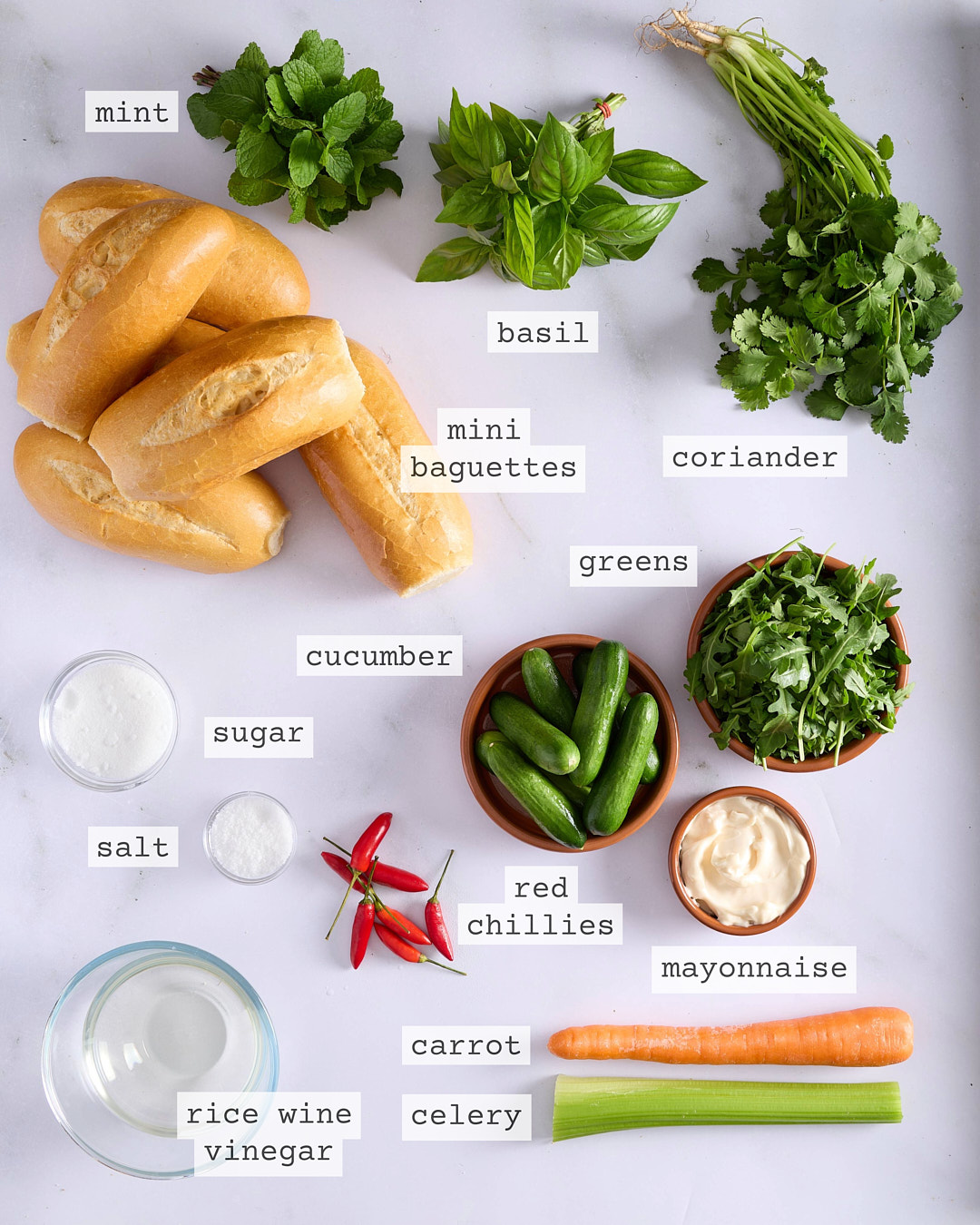 Flat lay of ingredients for Vietnamese-style pork and chicken meatloaf bánh mì including mini baguettes, mayonnaise, fresh baby cucumbers, red chillies, salad leaves, coriander, mint, basil, carrot, celery, rice wine vinegar, sugar and salt, each clearly labelled on a white marble surface.