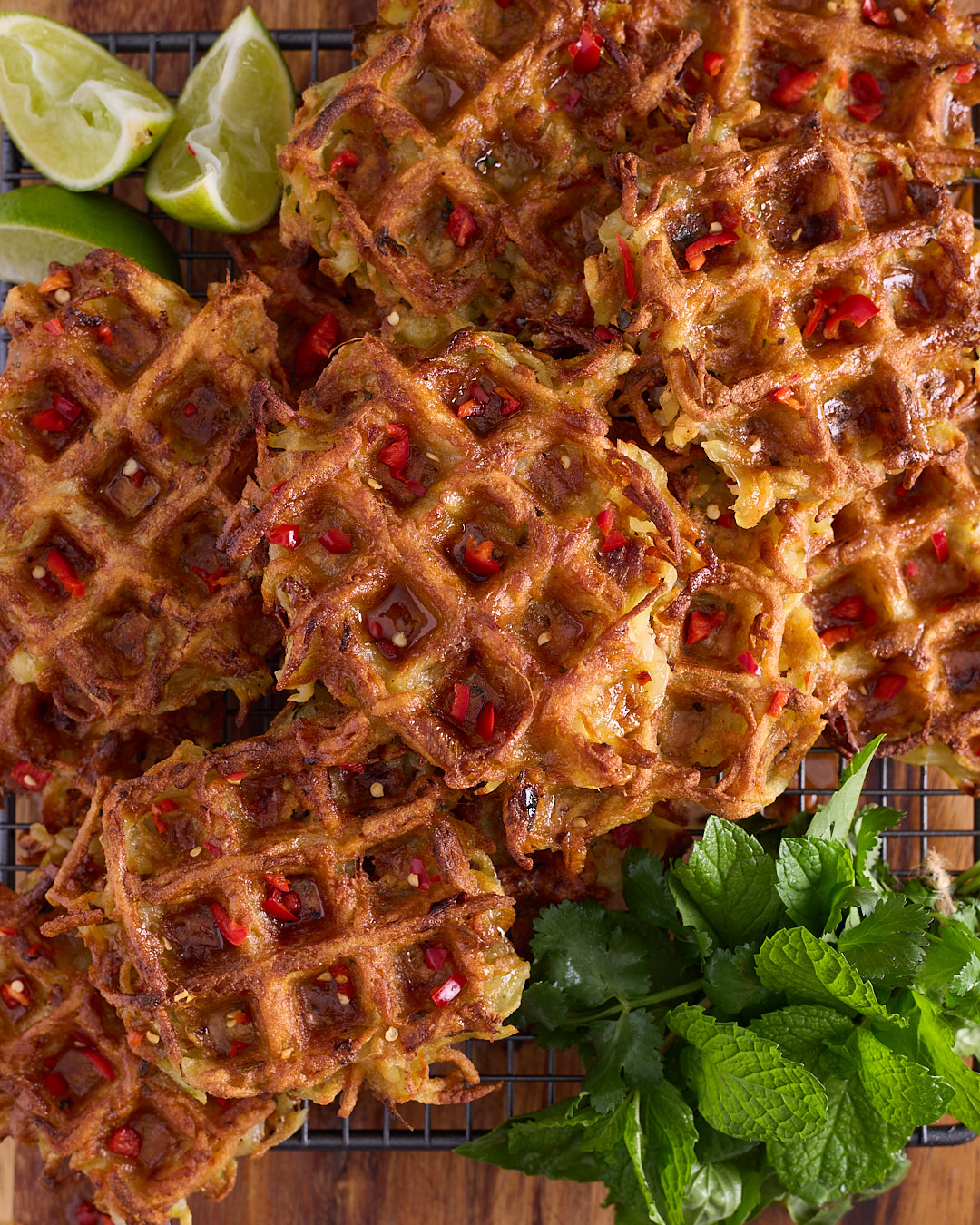 Thai-style crispy potato waffles stacked on a wire rack, deeply golden and crisp with ragged edges, dotted with red chilli and glazed with maple chilli oil, with fresh mint, coriander and lime wedges alongside.