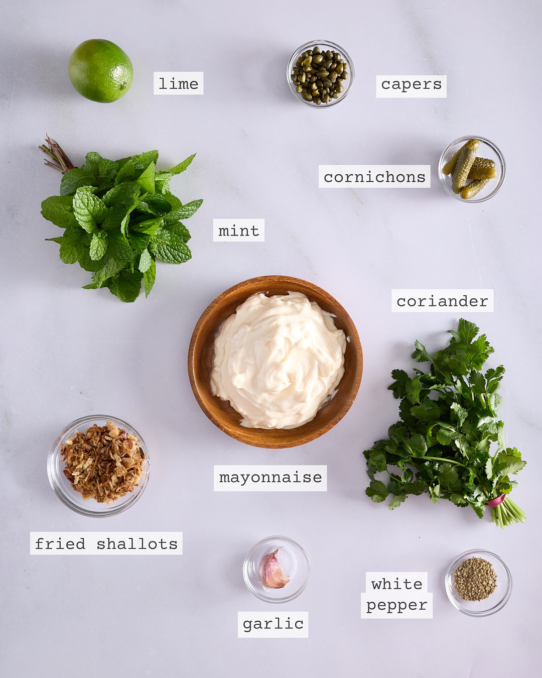 Flat lay of ingredients for fried shallot tartare sauce including mayonnaise, lime, cornichons, capers, garlic, mint, coriander, fried shallots and white pepper, each clearly labelled on a white marble surface.